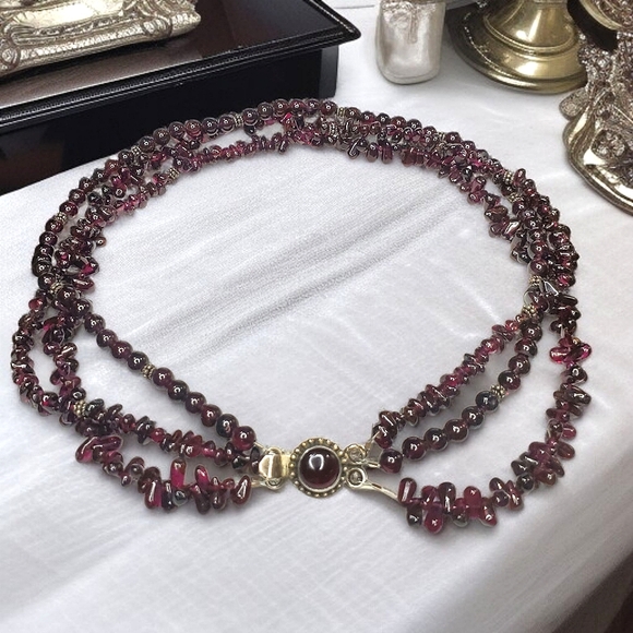 BOHEMIAN GARNET 925 SilverTriple Strand Vintage Necklace